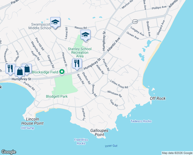 map of restaurants, bars, coffee shops, grocery stores, and more near 17 Priscilla Road in Swampscott