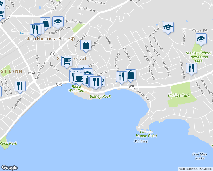 map of restaurants, bars, coffee shops, grocery stores, and more near 9 Humphrey Terrace in Swampscott