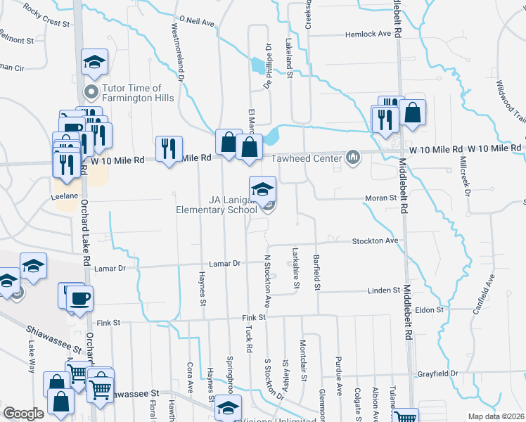 map of restaurants, bars, coffee shops, grocery stores, and more near 23800 Tuck Road in Farmington Hills
