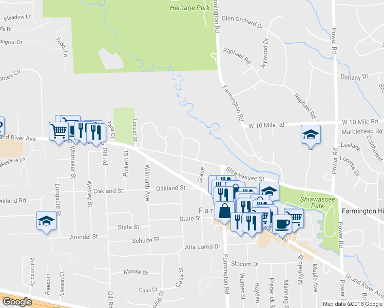 map of restaurants, bars, coffee shops, grocery stores, and more near 33608 Shiawassee Street in Farmington