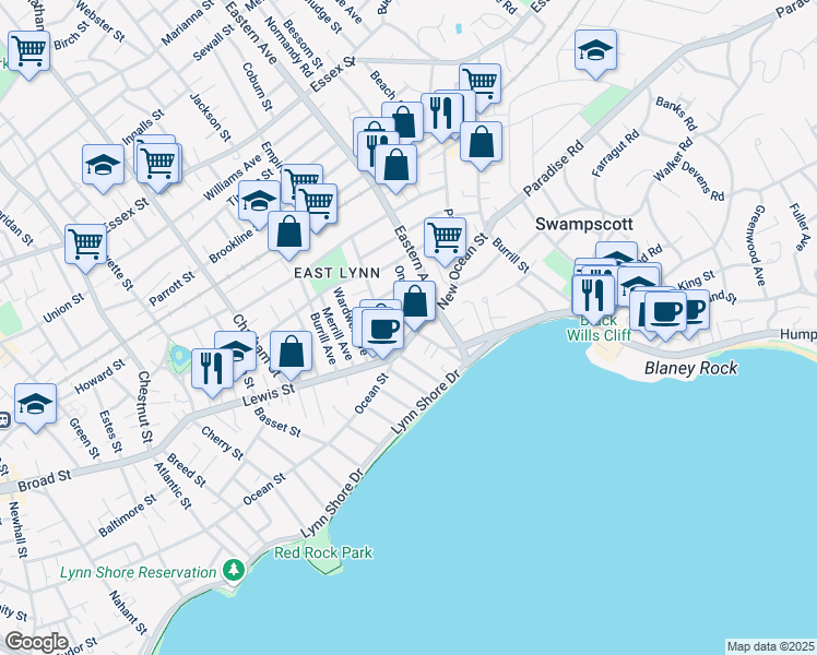map of restaurants, bars, coffee shops, grocery stores, and more near 47-49 Ocean Street in Lynn