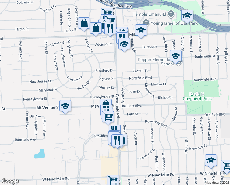 map of restaurants, bars, coffee shops, grocery stores, and more near 24117 Greenfield Road in Southfield