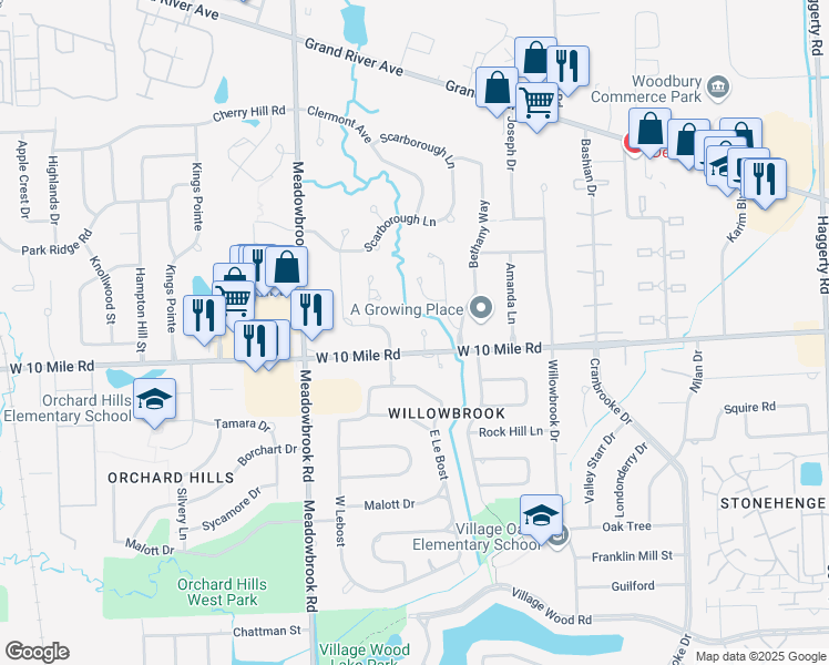 map of restaurants, bars, coffee shops, grocery stores, and more near 24249 Coral Lane in Novi