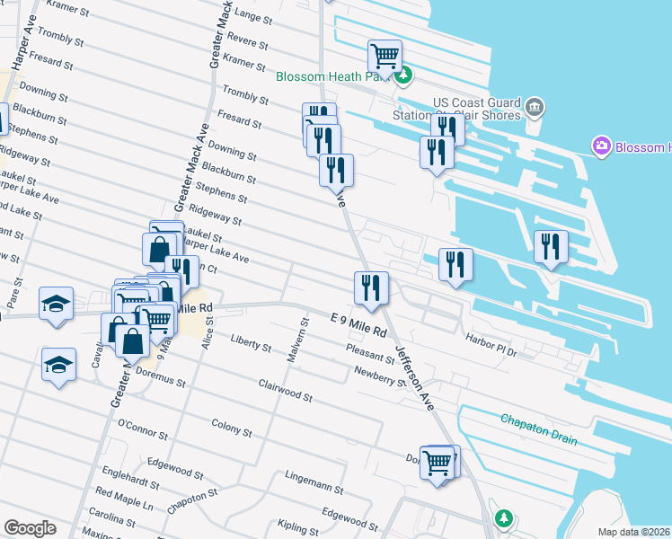 map of restaurants, bars, coffee shops, grocery stores, and more near 22815 Laukel Street in St. Clair Shores