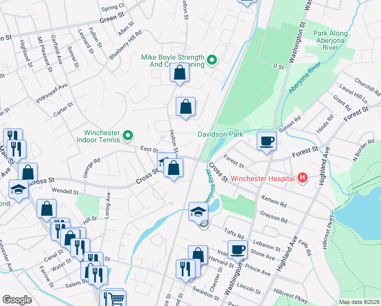 map of restaurants, bars, coffee shops, grocery stores, and more near 149 Cross Street in Winchester