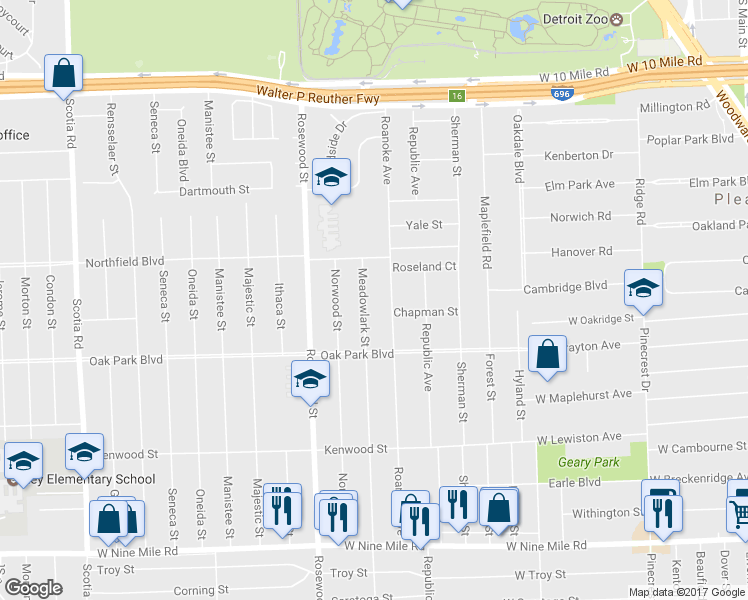 map of restaurants, bars, coffee shops, grocery stores, and more near 24024 Meadowlark Street in Oak Park