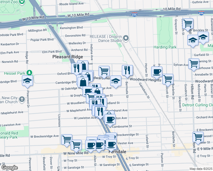 map of restaurants, bars, coffee shops, grocery stores, and more near 271 East Oakridge Avenue in Ferndale