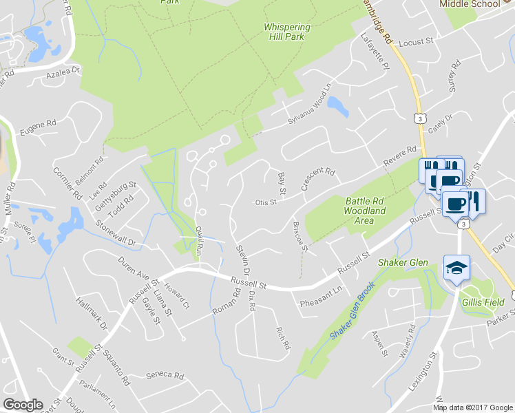 map of restaurants, bars, coffee shops, grocery stores, and more near 14 Otis Street in Woburn
