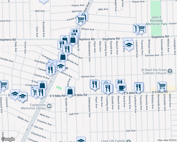 map of restaurants, bars, coffee shops, grocery stores, and more near 23053 Shakespeare Avenue in Eastpointe