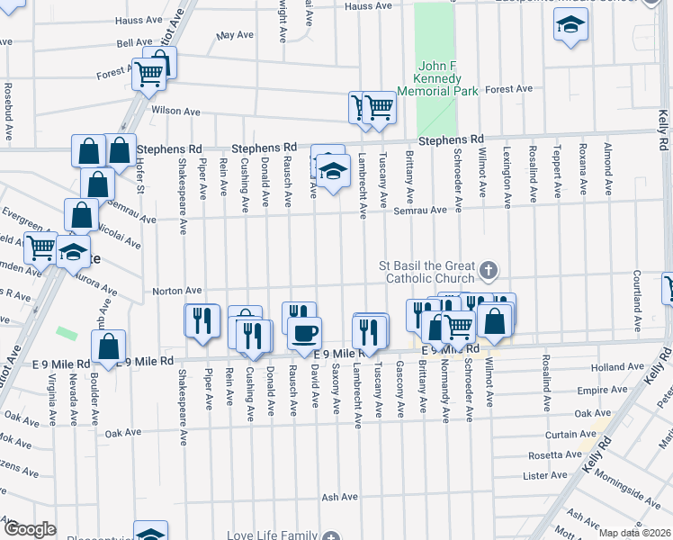map of restaurants, bars, coffee shops, grocery stores, and more near 23035 Saxony Avenue in Eastpointe
