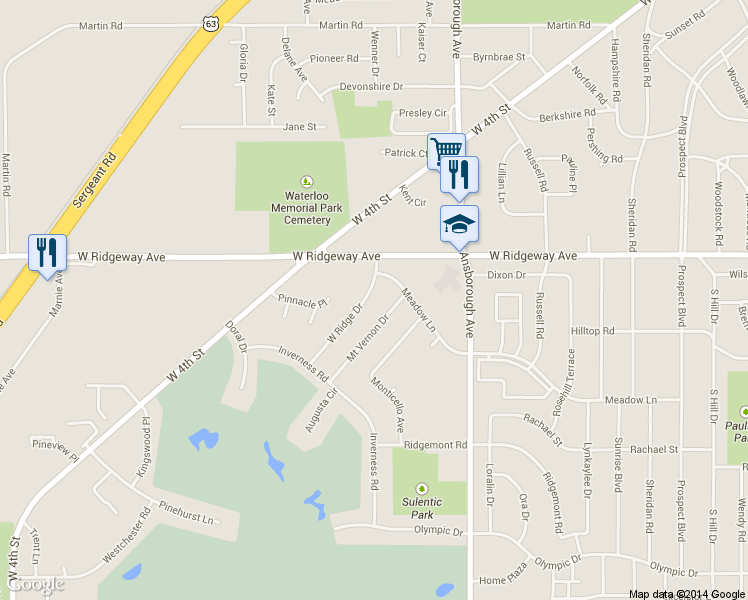 map of restaurants, bars, coffee shops, grocery stores, and more near 3319 W Ridge Dr in Waterloo