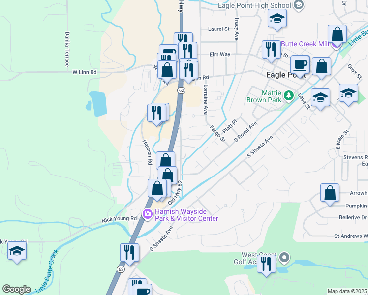 map of restaurants, bars, coffee shops, grocery stores, and more near 470 Old Crater Lake Highway in Eagle Point