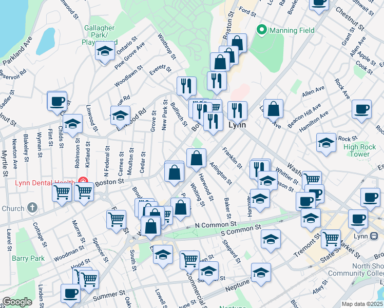 map of restaurants, bars, coffee shops, grocery stores, and more near 23-25 Congress Street in Lynn