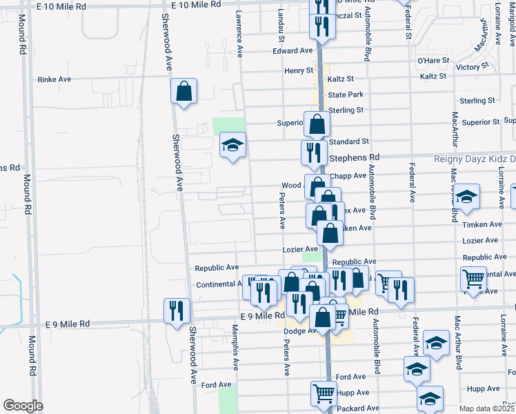 map of restaurants, bars, coffee shops, grocery stores, and more near 7204 Ready Avenue in Warren
