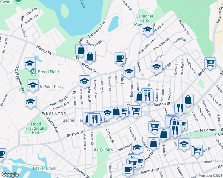 map of restaurants, bars, coffee shops, grocery stores, and more near 100 Flint Street in Lynn