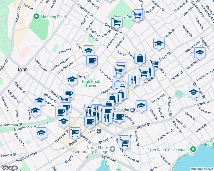 map of restaurants, bars, coffee shops, grocery stores, and more near 9 Essex Court in Lynn