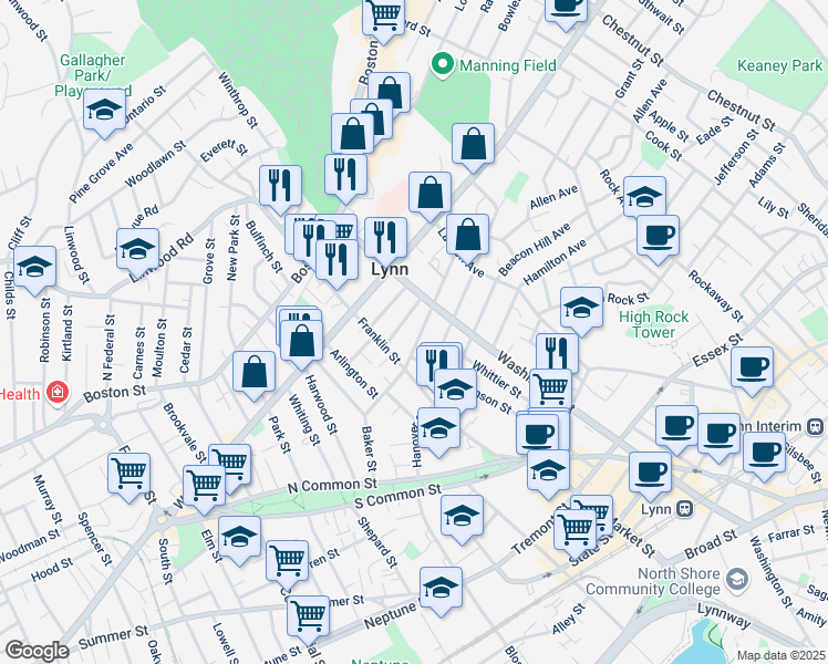 map of restaurants, bars, coffee shops, grocery stores, and more near 99 Laighton Street in Lynn