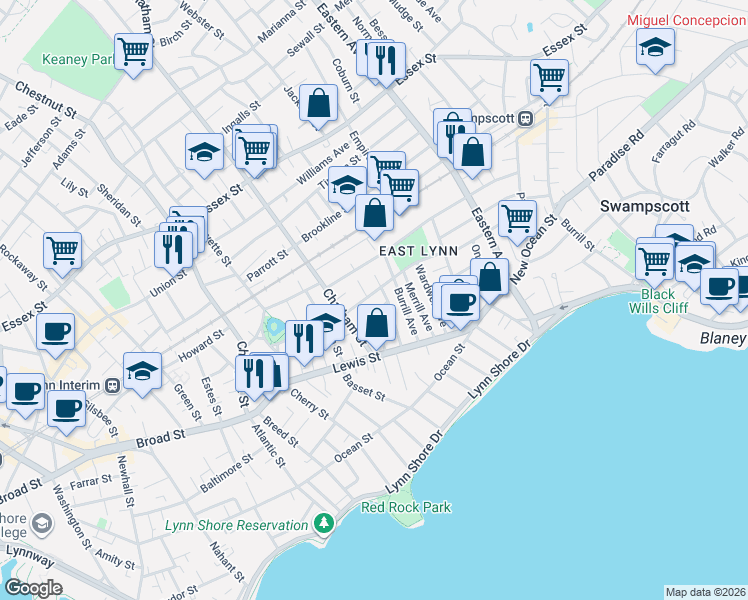map of restaurants, bars, coffee shops, grocery stores, and more near 50 Phillips Avenue in Lynn