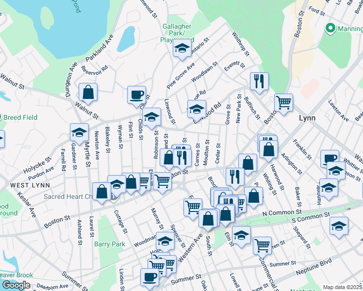 map of restaurants, bars, coffee shops, grocery stores, and more near 48 North Federal Street in Lynn