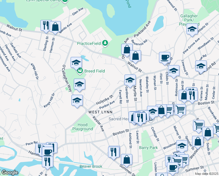 map of restaurants, bars, coffee shops, grocery stores, and more near 85 Curwin Circle in Lynn