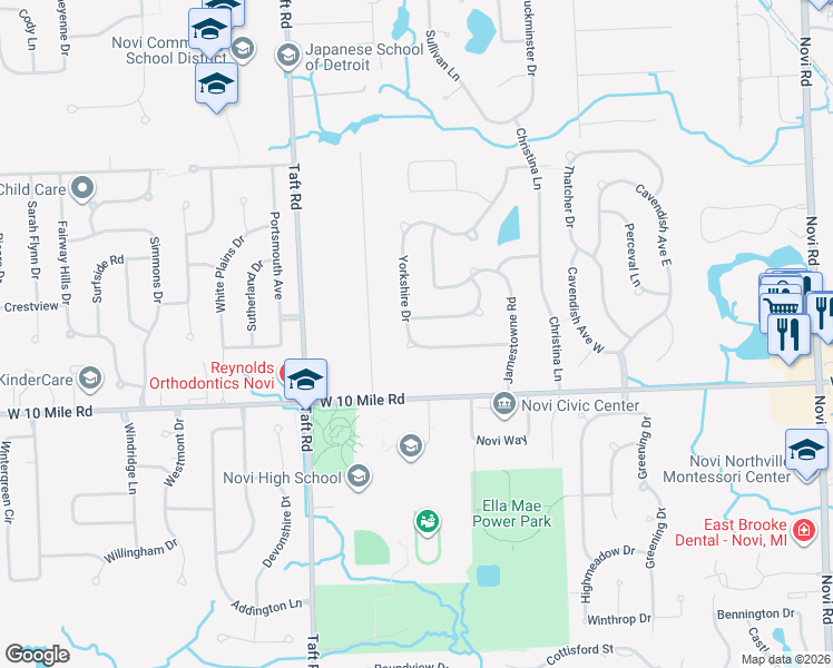 map of restaurants, bars, coffee shops, grocery stores, and more near 44896 Yorkshire Drive in Novi