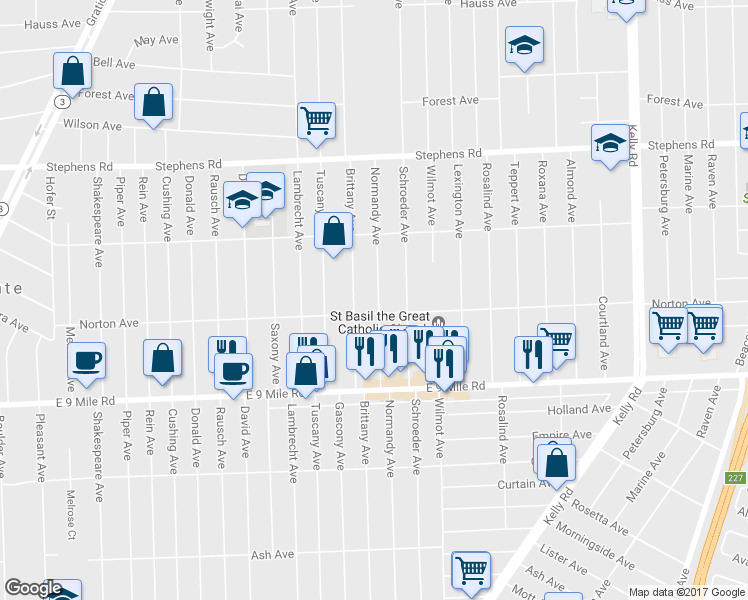 map of restaurants, bars, coffee shops, grocery stores, and more near 23027 Normandy Avenue in Eastpointe