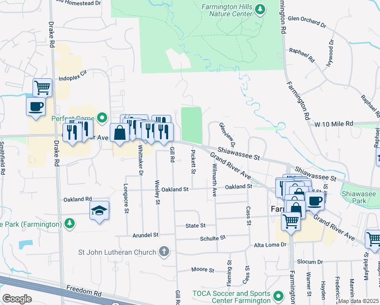 map of restaurants, bars, coffee shops, grocery stores, and more near 24015 Pickett Street in Farmington