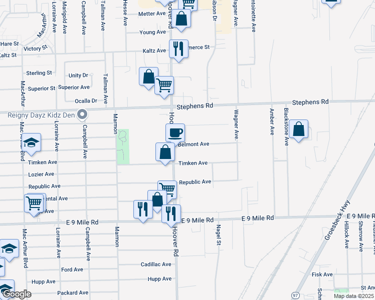 map of restaurants, bars, coffee shops, grocery stores, and more near 11838 Belmont Avenue in Warren
