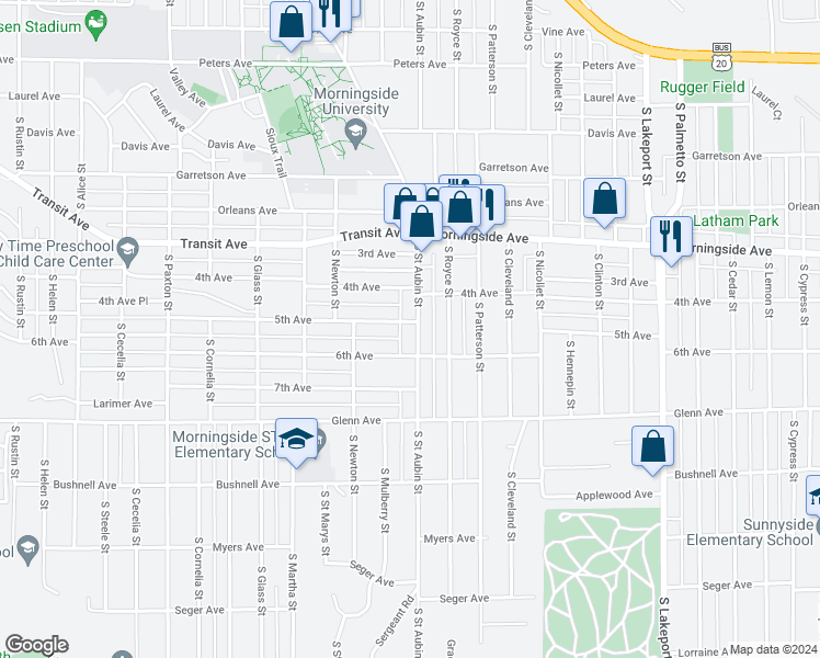 map of restaurants, bars, coffee shops, grocery stores, and more near 2203 South Saint Aubin Street in Sioux City