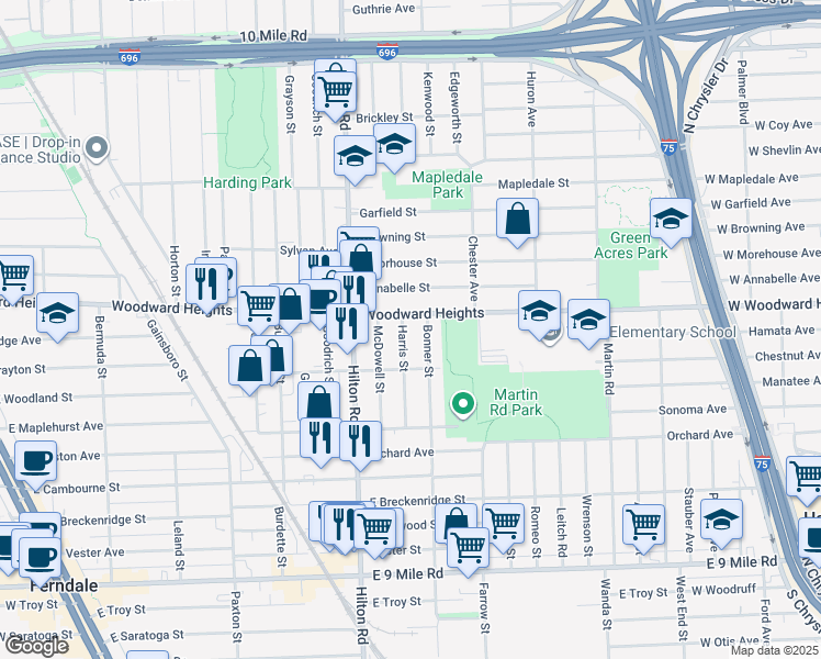 map of restaurants, bars, coffee shops, grocery stores, and more near 2636 Harris Street in Ferndale
