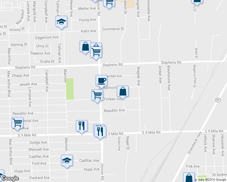 map of restaurants, bars, coffee shops, grocery stores, and more near 11838 Belmont Avenue in Warren