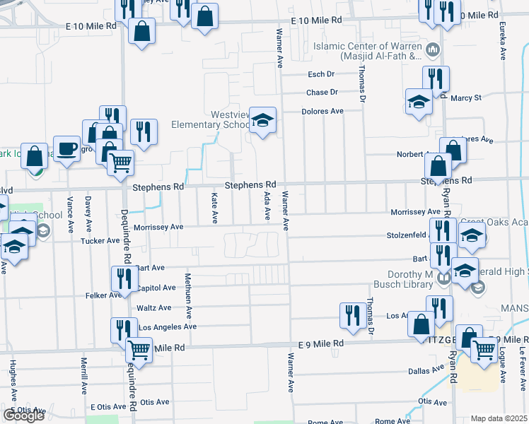 map of restaurants, bars, coffee shops, grocery stores, and more near 23853 Ada Ave in Warren