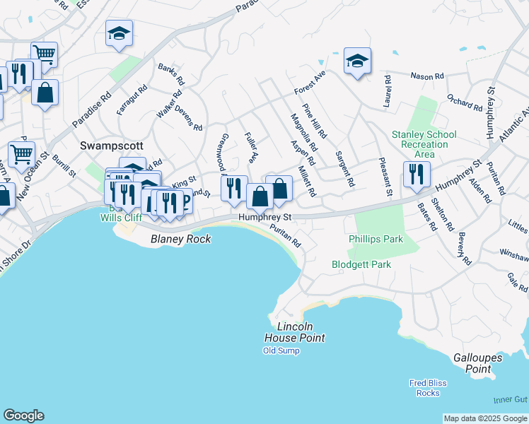 map of restaurants, bars, coffee shops, grocery stores, and more near 460 Humphrey Street in Swampscott