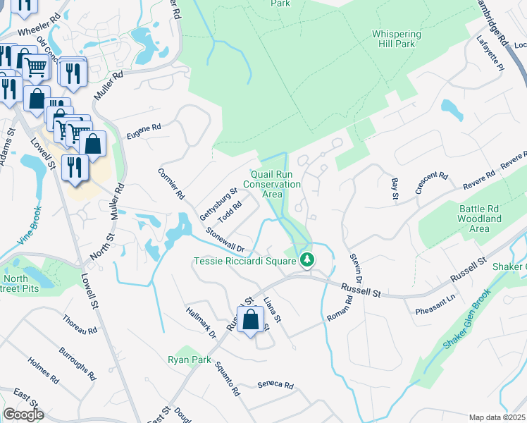 map of restaurants, bars, coffee shops, grocery stores, and more near 15 Gettysburg Road in Woburn