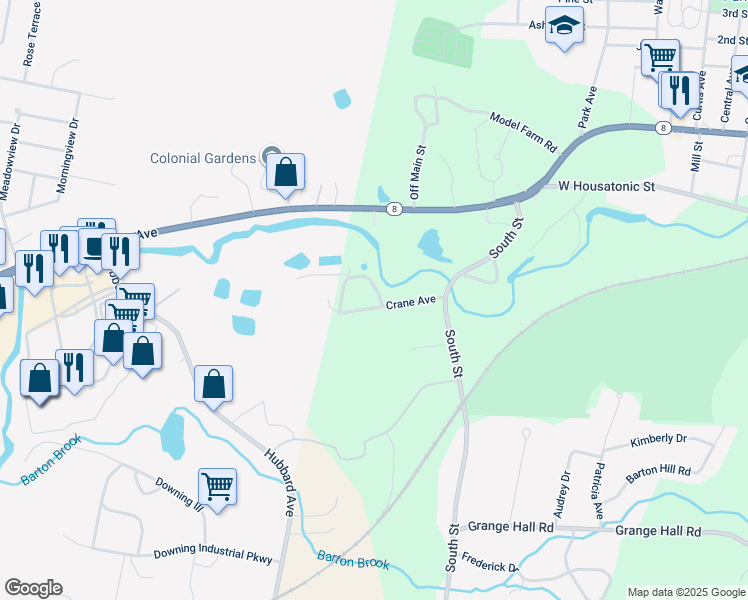 map of restaurants, bars, coffee shops, grocery stores, and more near 77-79 Crane Avenue in Dalton