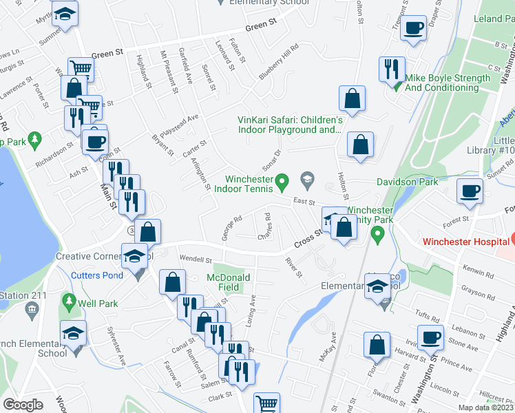 map of restaurants, bars, coffee shops, grocery stores, and more near 31 George Road in Winchester
