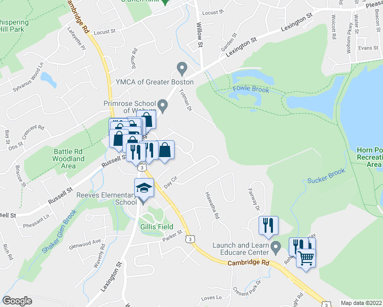 map of restaurants, bars, coffee shops, grocery stores, and more near 2 Glen Road in Woburn