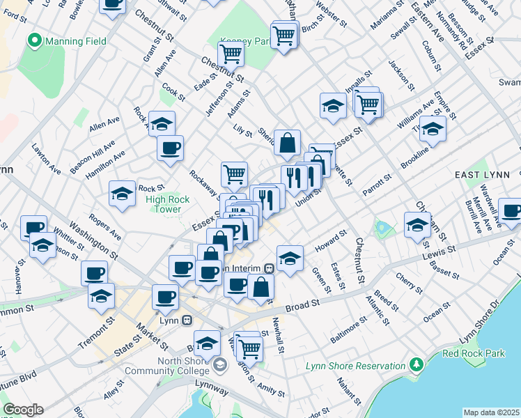 map of restaurants, bars, coffee shops, grocery stores, and more near 32 West Green Street in Lynn