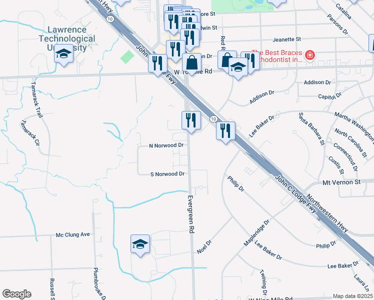 map of restaurants, bars, coffee shops, grocery stores, and more near 24387 Evergreen Road in Southfield