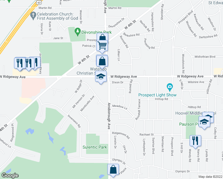 map of restaurants, bars, coffee shops, grocery stores, and more near 3259 Ansborough Avenue in Waterloo