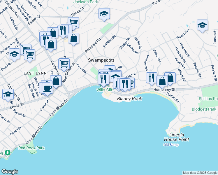 map of restaurants, bars, coffee shops, grocery stores, and more near 141 Humphrey Street in Swampscott