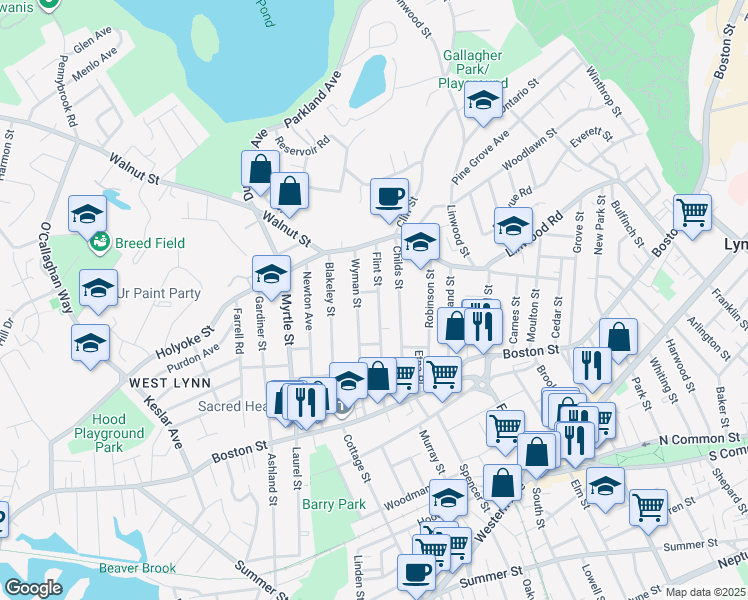 map of restaurants, bars, coffee shops, grocery stores, and more near 100 Flint Street in Lynn
