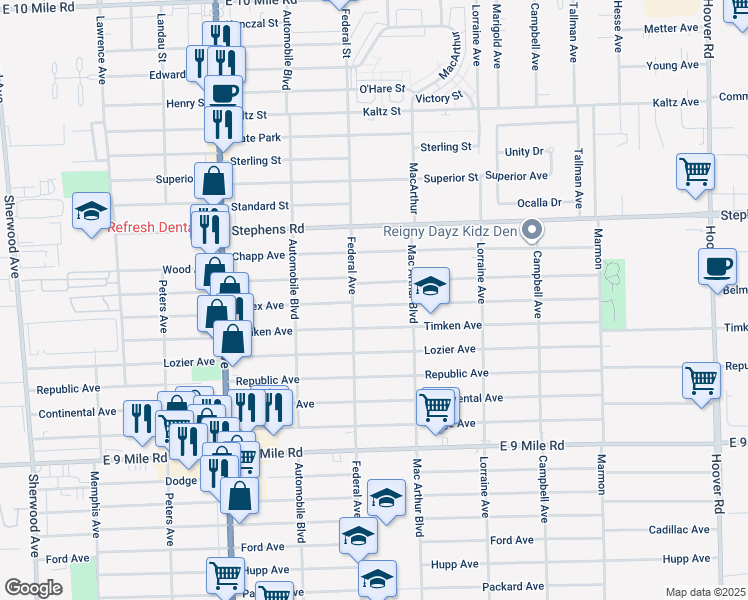 map of restaurants, bars, coffee shops, grocery stores, and more near 8443 Essex Avenue in Warren