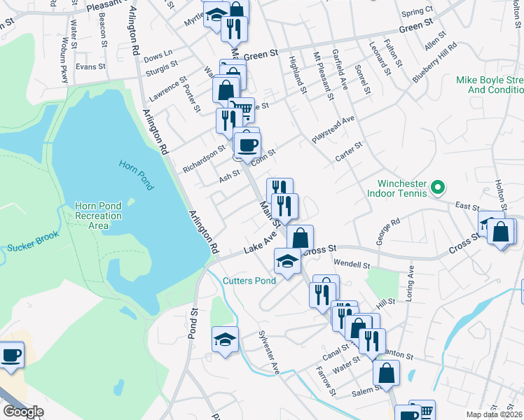 map of restaurants, bars, coffee shops, grocery stores, and more near 54 Main Street in Woburn