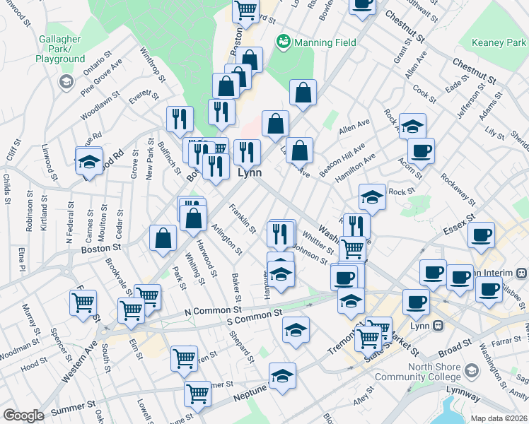 map of restaurants, bars, coffee shops, grocery stores, and more near 99 Laighton Street in Lynn