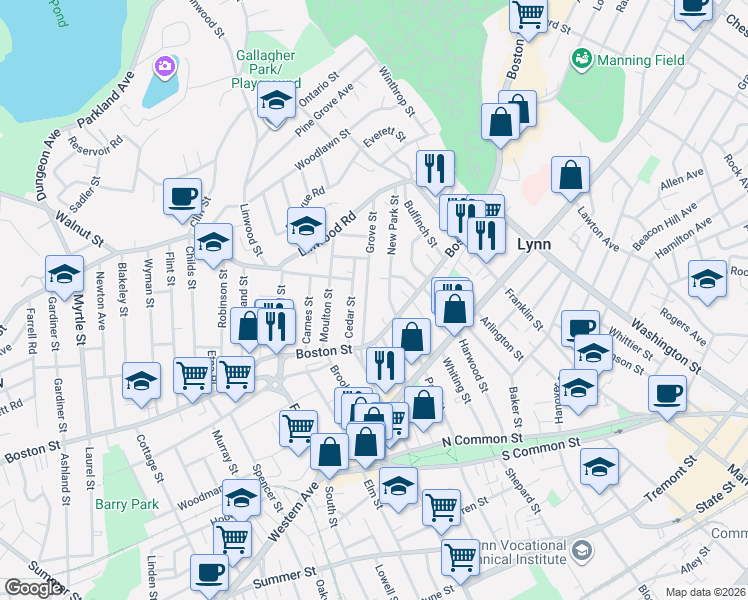 map of restaurants, bars, coffee shops, grocery stores, and more near 20 New Park Street in Lynn