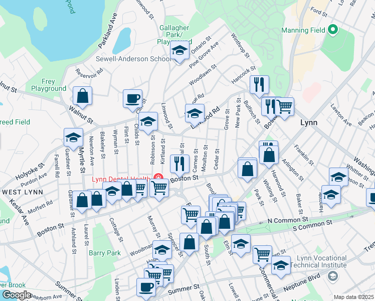 map of restaurants, bars, coffee shops, grocery stores, and more near 48 North Federal Street in Lynn
