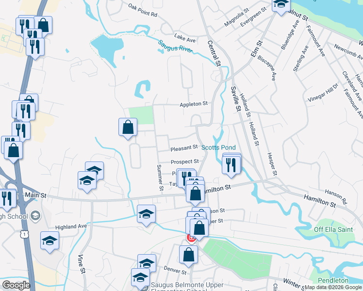map of restaurants, bars, coffee shops, grocery stores, and more near 33 Pleasant Street in Saugus