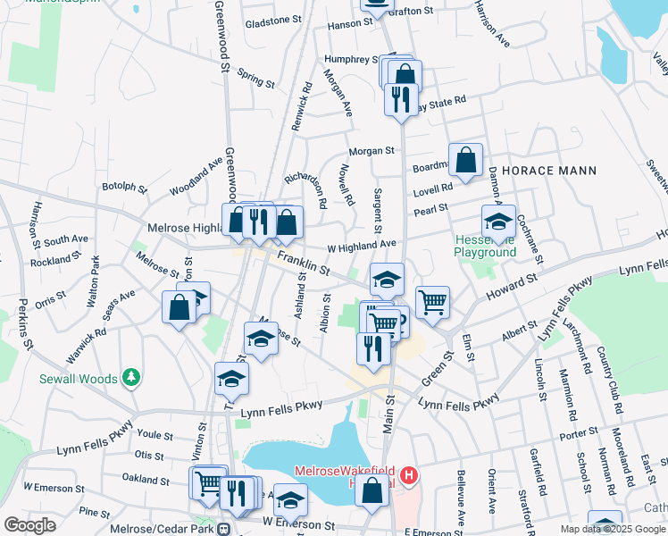 map of restaurants, bars, coffee shops, grocery stores, and more near 12 Pratt Street in Melrose