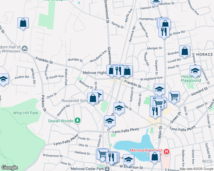 map of restaurants, bars, coffee shops, grocery stores, and more near 19 Belmont Place in Melrose